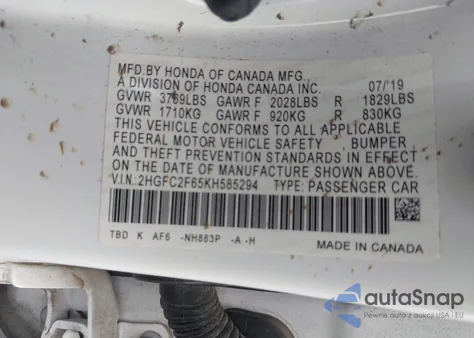 2019 Honda Civic Lx from USA, damaged, VIN 2HGFC2F65KH585294